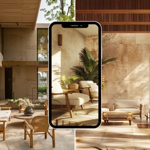 May include: A modern living room with a large sofa and chairs, all in a light wood tone. The room is decorated with plants and has a large window that lets in natural light.