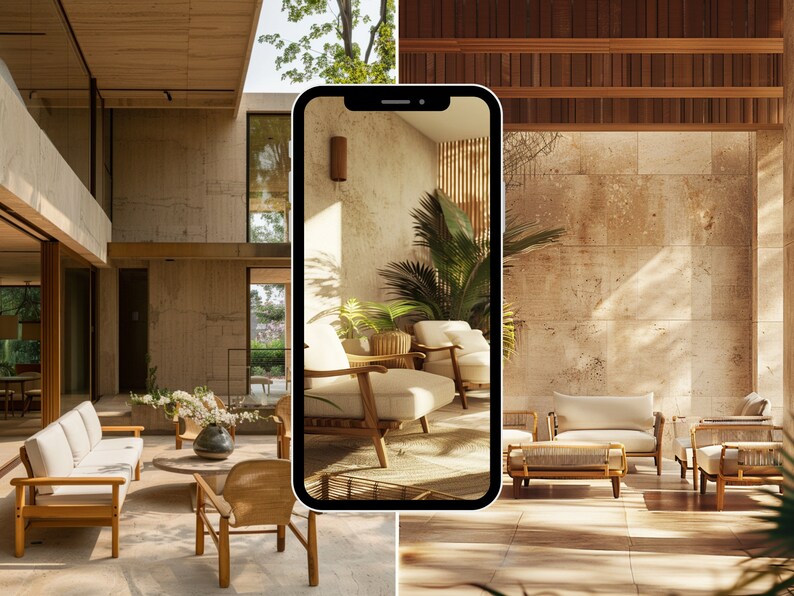 May include: A modern living room with a large sofa and chairs, all in a light wood tone. The room is decorated with plants and has a large window that lets in natural light.