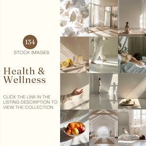 May include: A collection of 12 images with a health and wellness theme. The images include a person meditating, a person doing yoga, and a person lying down. The text in the image says "134 STOCK IMAGES Health & Wellness CLICK THE LINK IN THE LISTING DESCRIPTION TO VIEW THE COLLECTION."