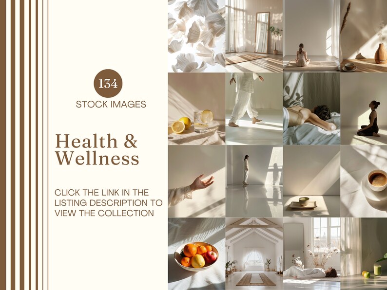 May include: A collection of 12 images with a health and wellness theme. The images include a person meditating, a person doing yoga, and a person lying down. The text in the image says "134 STOCK IMAGES Health & Wellness CLICK THE LINK IN THE LISTING DESCRIPTION TO VIEW THE COLLECTION."