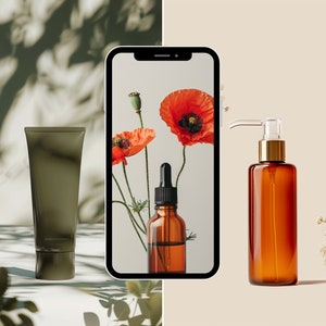May include: A smartphone displaying a photo of red poppy flowers, a brown bottle with a pump dispenser, and a brown tube of cream. The background is a light beige color.