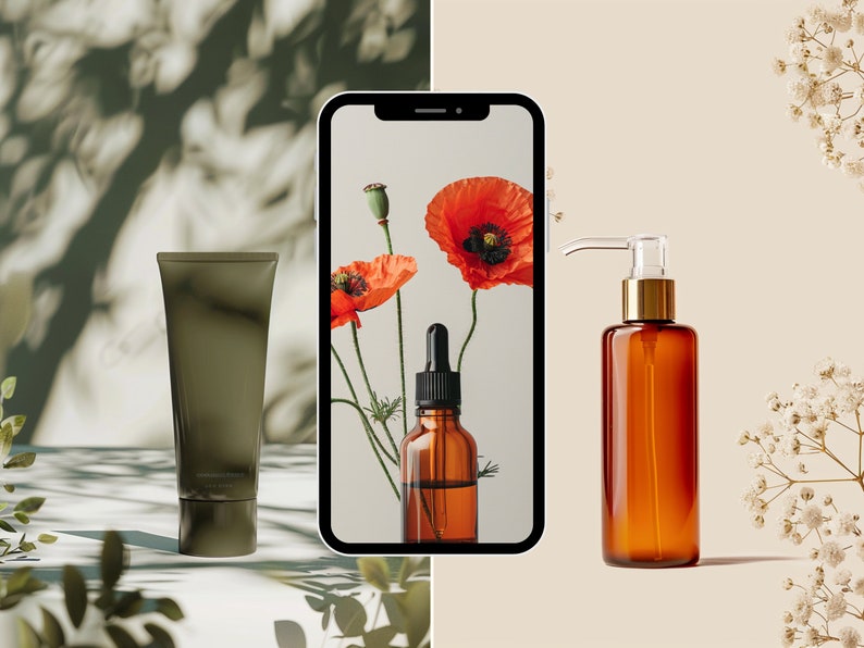 May include: A smartphone displaying a photo of red poppy flowers, a brown bottle with a pump dispenser, and a brown tube of cream. The background is a light beige color.