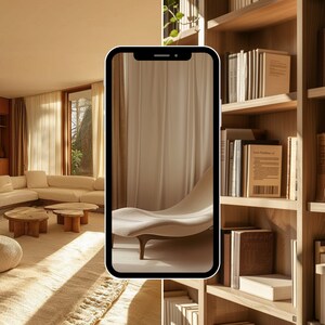 May include: A beige living room with a large sectional sofa, two wooden coffee tables, and a fluffy white ottoman. A phone screen shows a photo of a white curved chair in a beige room.
