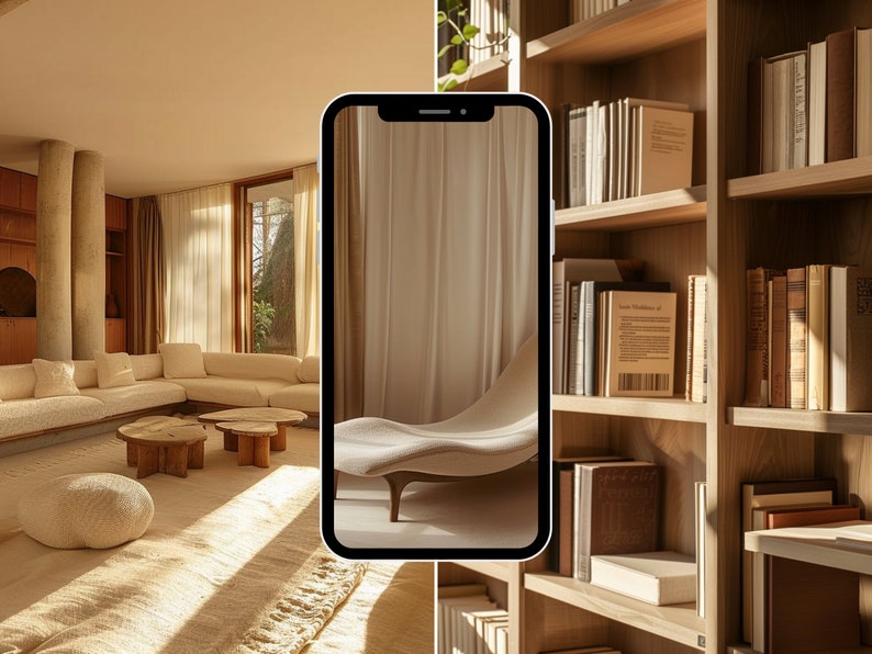 May include: A beige living room with a large sectional sofa, two wooden coffee tables, and a fluffy white ottoman. A phone screen shows a photo of a white curved chair in a beige room.
