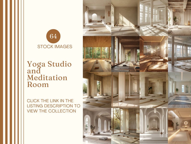 May include: A collection of images depicting yoga studios and meditation rooms. The photographs show natural light, wooden floors, and yoga mats. Text on the image reads "64 STOCK IMAGES Yoga Studio and Meditation Room. Click the link in the listing description to view the collection."