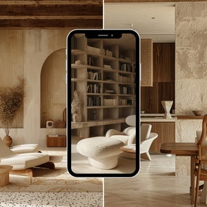 May include: A modern living room with a white lounge chair, a wooden side table, and a large potted plant. The room has a light brown color scheme and features a large arched window. A phone screen shows a bookshelf with books and a white ottoman.