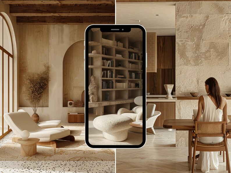 May include: A modern living room with a white lounge chair, a wooden side table, and a large potted plant. The room has a light brown color scheme and features a large arched window. A phone screen shows a bookshelf with books and a white ottoman.