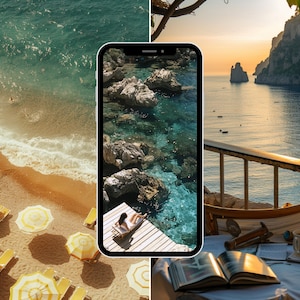 May include: A split image showing a beach scene with yellow umbrellas and a phone displaying a photo of a rocky coastline with clear blue water. The second half of the image shows a table with a book, a cup of coffee, and a view of a rocky coastline with a sunset.