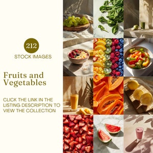 May include: A collection of images showcasing fruits and vegetables. The images include grapes, spinach, a salad, berries, bell peppers, blueberries, papaya, lemons, strawberries, watermelon, and pears. Text reads "212 STOCK IMAGES Fruits and Vegetables".