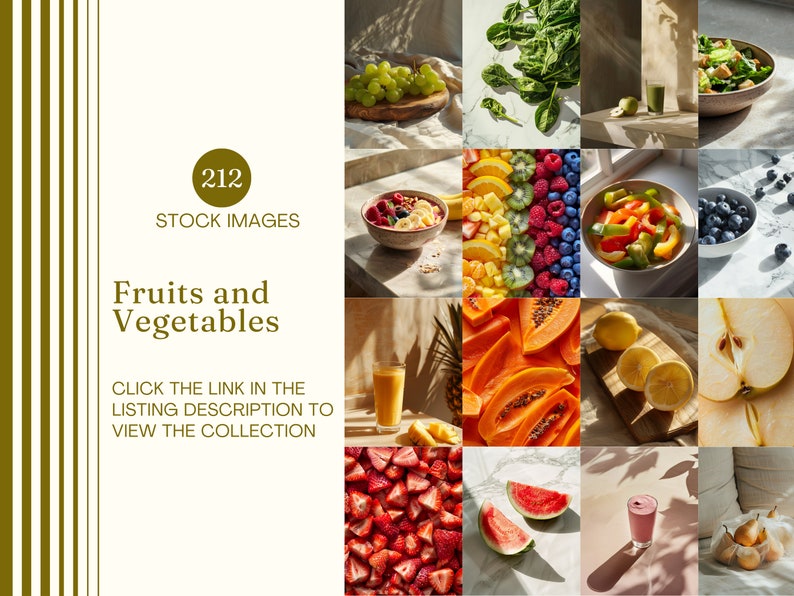 May include: A collection of images showcasing fruits and vegetables. The images include grapes, spinach, a salad, berries, bell peppers, blueberries, papaya, lemons, strawberries, watermelon, and pears. Text reads "212 STOCK IMAGES Fruits and Vegetables".