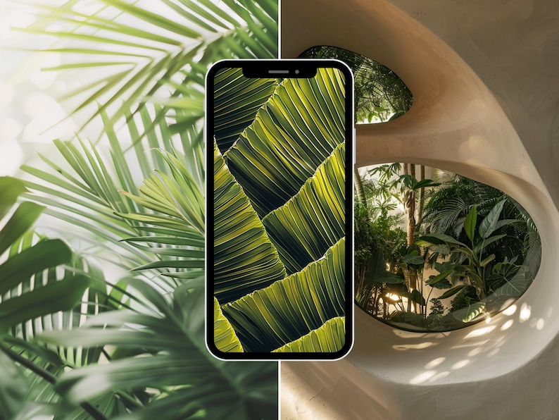 May include: A smartphone displaying a close-up image of green palm leaves. The phone is positioned in front of a curved wall with a window revealing a lush green tropical garden.