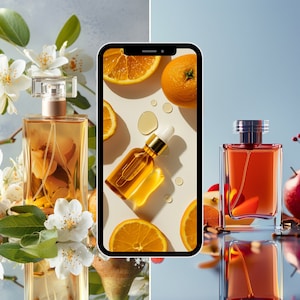 May include: Two bottles of perfume, one with a light brown liquid and the other with a dark brown liquid. The bottles are on a table with a white background. The bottle on the left is surrounded by white flowers and a pear. The bottle on the right is surrounded by red apples and red flowers.