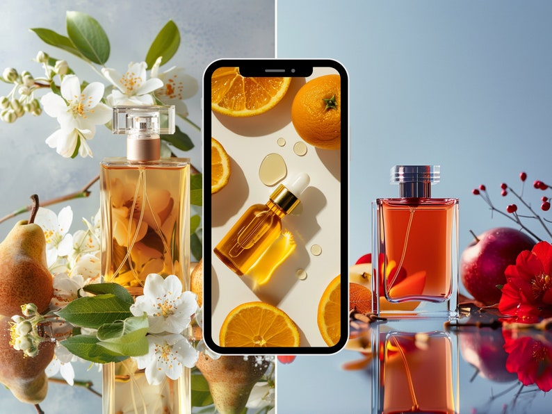May include: Two bottles of perfume, one with a light brown liquid and the other with a dark brown liquid. The bottles are on a table with a white background. The bottle on the left is surrounded by white flowers and a pear. The bottle on the right is surrounded by red apples and red flowers.