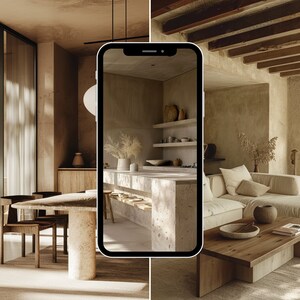 May include: A split image showing two rooms decorated in a minimalist style with a neutral color palette. The left side shows a dining room with a large wooden table and chairs. The right side shows a living room with a white sofa and a wooden coffee table. A smartphone is in the center of the image, displaying a photo of a kitchen with a concrete countertop and open shelving.