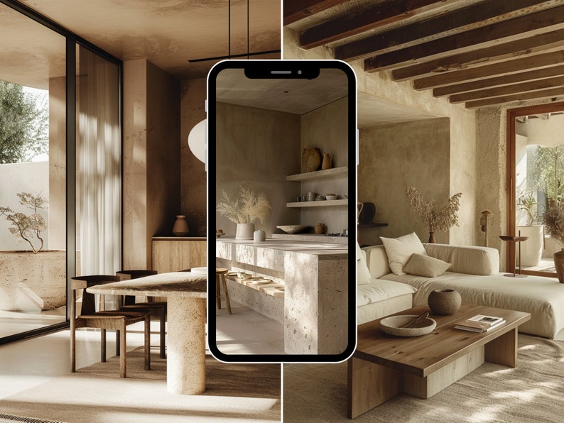May include: A split image showing two rooms decorated in a minimalist style with a neutral color palette. The left side shows a dining room with a large wooden table and chairs. The right side shows a living room with a white sofa and a wooden coffee table. A smartphone is in the center of the image, displaying a photo of a kitchen with a concrete countertop and open shelving.