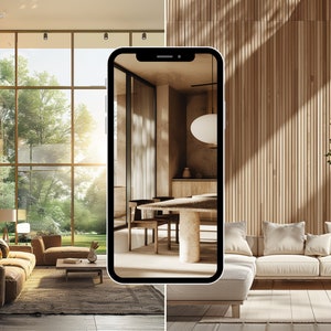 May include: A split-screen image showing two living rooms with a modern, minimalist design. The left side features a large window with a view of a lush green forest. The right side shows a white sofa with a phone displaying a photo of a similar living room with a wooden table and chairs.