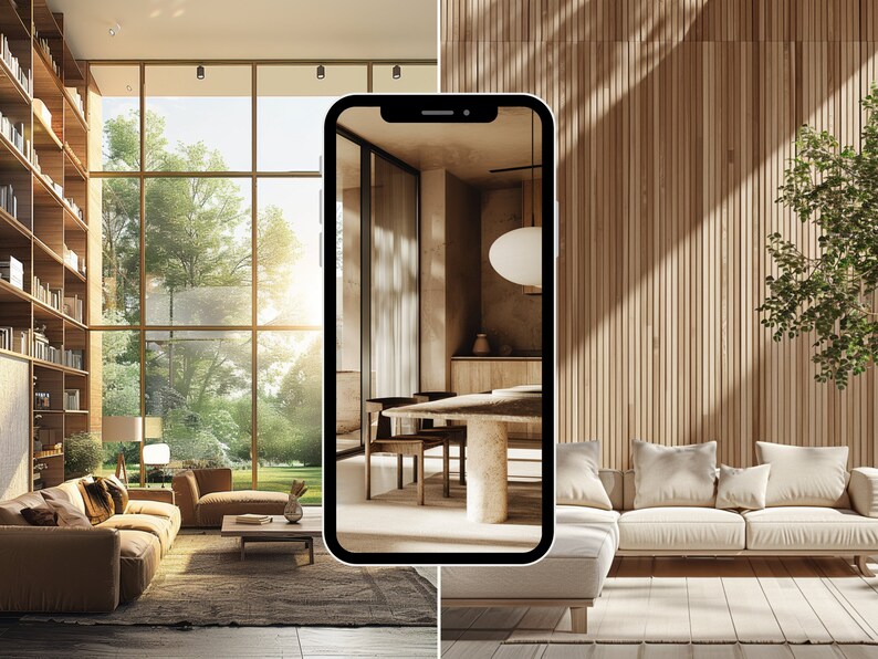 May include: A split-screen image showing two living rooms with a modern, minimalist design. The left side features a large window with a view of a lush green forest. The right side shows a white sofa with a phone displaying a photo of a similar living room with a wooden table and chairs.
