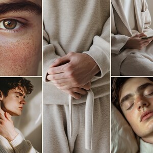 May include: A collage of images featuring a young man in various poses. The images show close-ups of his face, hands, and body. The man is wearing a light brown sweater and pants. The images are arranged in a grid pattern.