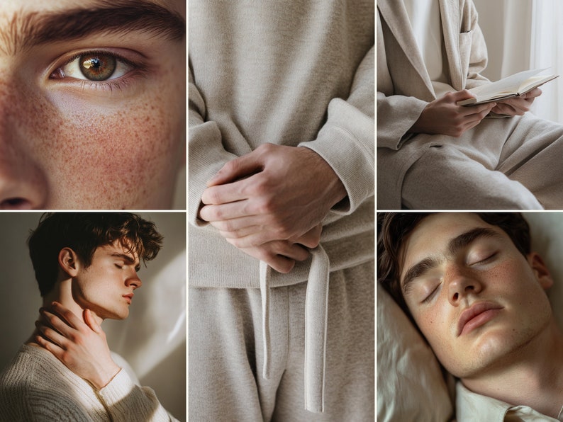 May include: A collage of images featuring a young man in various poses. The images show close-ups of his face, hands, and body. The man is wearing a light brown sweater and pants. The images are arranged in a grid pattern.