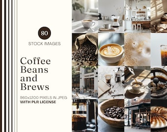 May include: A collage of 80 stock images featuring coffee beans, coffee brewing equipment, and coffee drinks. The images are in a grid format and include close-ups of coffee beans, coffee cups, and coffee makers. The text "Coffee Beans and Brews" is displayed in the center of the collage.