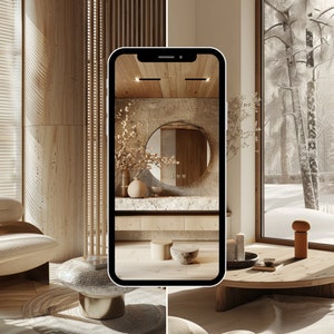 May include: A modern living room with a large window overlooking a snowy forest. The room features a round coffee table, a white armchair, and a small side table with a vase of dried flowers. The room is decorated in a minimalist style with a neutral color palette.