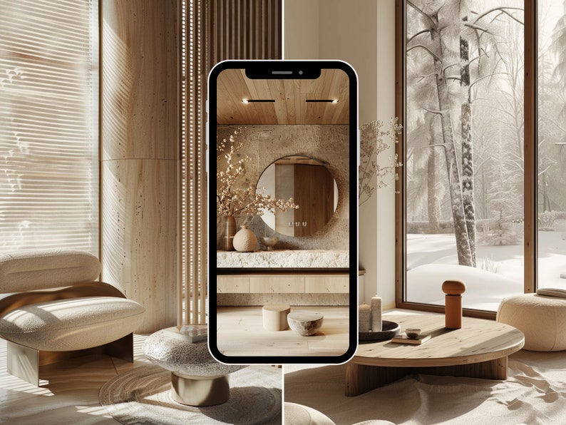 May include: A modern living room with a large window overlooking a snowy forest. The room features a round coffee table, a white armchair, and a small side table with a vase of dried flowers. The room is decorated in a minimalist style with a neutral color palette.