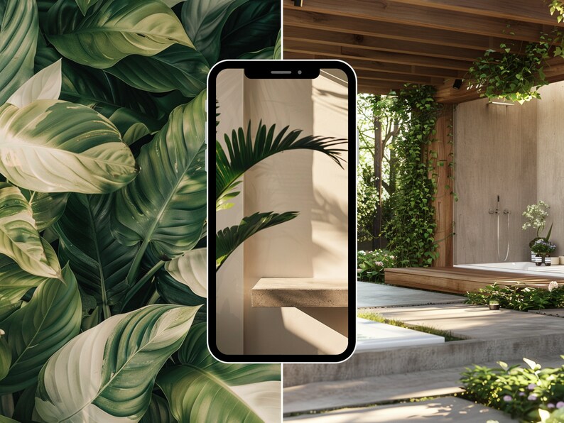 May include: A smartphone displaying a photo of a modern outdoor bathroom with a concrete wall, a wooden deck, and lush greenery. The photo is taken from a low angle, showcasing the bathroom's minimalist design.