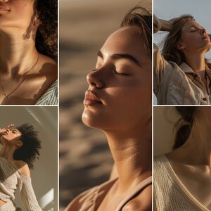 May include: A collage of three images featuring women with their eyes closed. The images are cropped to show the women's faces and necks. The women are wearing different clothing, including a white sweater, a beige shirt, and a beige tank top. The images are lit by natural light, creating a warm and inviting atmosphere.