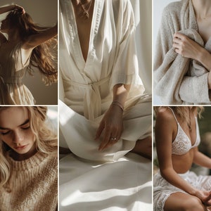 May include: A collage of six images featuring a woman wearing different styles of clothing, including a white robe, a beige cardigan, a white lace bra and skirt, and a beige sweater. The images are all shot in a natural light setting.