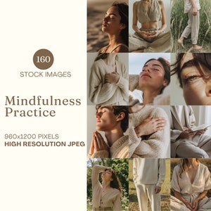 May include: A collage of 160 high-resolution images featuring people practicing mindfulness in various poses and settings. The images are 960x1200 pixels and are in JPEG format. The text "Mindfulness Practice" is displayed in the center of the collage.
