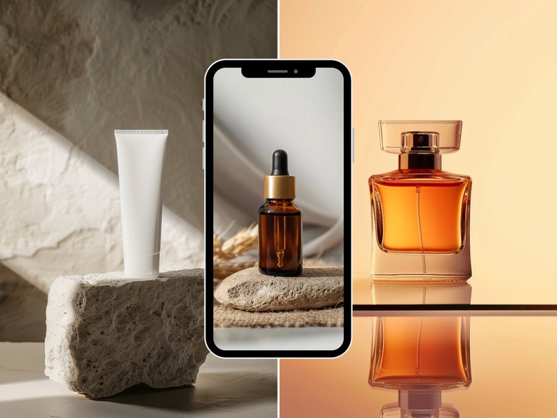 May include: A white tube of cream, a brown glass bottle with a dropper, and a clear glass bottle of perfume with a gold cap. The products are displayed on a stone surface and a smartphone screen.