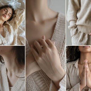 May include: A collage of three images featuring women wearing different styles of beige knit tops. The first image shows a woman lying down with her head resting on a white surface. The second image shows a woman's hands holding the front of a beige knit top. The third image shows a woman with her hands clasped in prayer, wearing a beige knit top.
