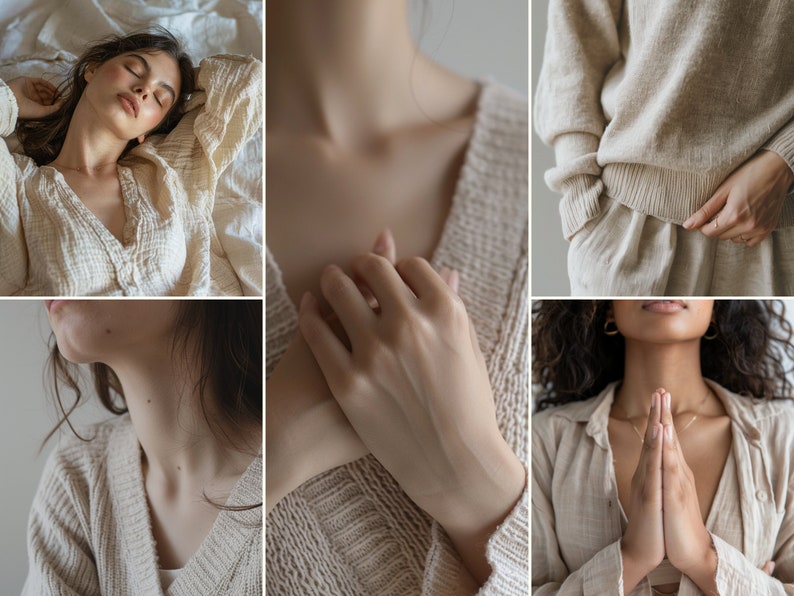 May include: A collage of three images featuring women wearing different styles of beige knit tops. The first image shows a woman lying down with her head resting on a white surface. The second image shows a woman's hands holding the front of a beige knit top. The third image shows a woman with her hands clasped in prayer, wearing a beige knit top.