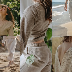 May include: A set of three images featuring a woman wearing a beige knitted cardigan, pants, and a top. The images show different angles of the outfit, including a close-up of the fabric texture.