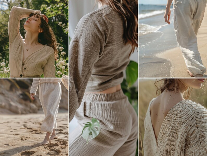 May include: A set of three images featuring a woman wearing a beige knitted cardigan, pants, and a top. The images show different angles of the outfit, including a close-up of the fabric texture.