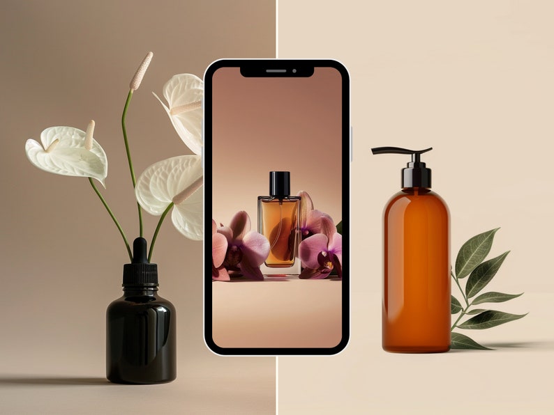 May include: A smartphone displaying a photo of a brown glass bottle of perfume with a black cap and a floral background.  A brown glass bottle with a black pump dispenser and a green leaf are on a beige surface.