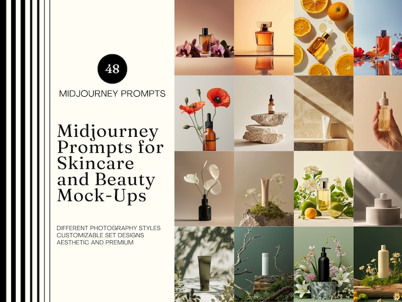 May include: A collection of 48 Midjourney prompts for skincare and beauty mock-ups. The image shows various product mock-ups with different photography styles and customizable set designs.