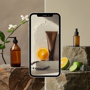 May include: A smartphone displaying a mockup of a product page with a brown tube of lotion, a bottle of serum, and a half-cut orange. The phone is on a white surface with a sprig of lavender. The phone is on a stone surface with a bottle of liquid soap and a sprig of white flowers.