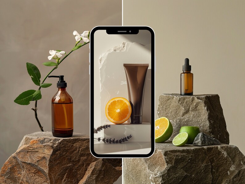 May include: A smartphone displaying a mockup of a product page with a brown tube of lotion, a bottle of serum, and a half-cut orange. The phone is on a white surface with a sprig of lavender. The phone is on a stone surface with a bottle of liquid soap and a sprig of white flowers.
