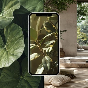May include: A smartphone displaying a close-up photo of green leaves with a blurred background. The phone is positioned in front of a wall with a window overlooking a lush green garden.