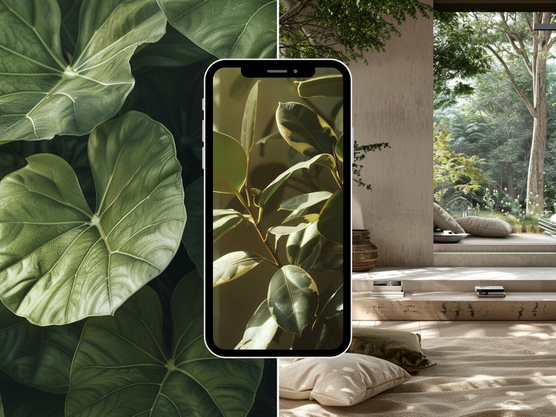May include: A smartphone displaying a close-up photo of green leaves with a blurred background. The phone is positioned in front of a wall with a window overlooking a lush green garden.