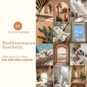 May include: A collage of 82 high-quality JPEG images featuring a Mediterranean aesthetic. The images showcase various scenes, including a pool, a white building with an archway, a hammock, a beach, and a patio with plants. The images are available for personal and commercial use with a PLR and MRR license.