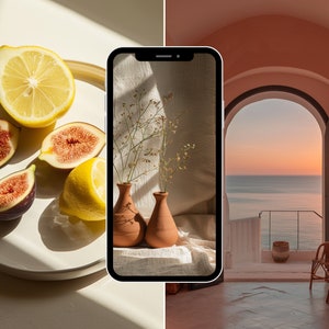 May include: A white plate with a lemon, two halved figs, and a lemon wedge. The plate is on a white surface with a shadow. A phone screen shows a still life of two terracotta vases with dried flowers on a beige tablecloth.