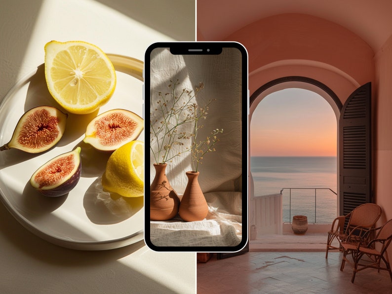 May include: A white plate with a lemon, two halved figs, and a lemon wedge. The plate is on a white surface with a shadow. A phone screen shows a still life of two terracotta vases with dried flowers on a beige tablecloth.
