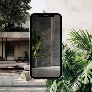 May include: A modern living room with a white sofa, a coffee table, and a large potted plant. The room has a concrete floor and walls, and large windows that let in natural light. A smartphone is shown in the foreground, displaying a photo of a similar room.