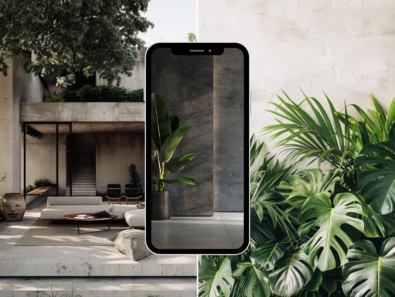 May include: A modern living room with a white sofa, a coffee table, and a large potted plant. The room has a concrete floor and walls, and large windows that let in natural light. A smartphone is shown in the foreground, displaying a photo of a similar room.