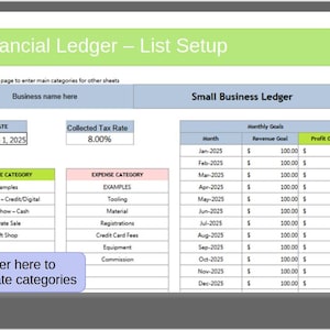 Puede incluir: Una plantilla de libro mayor financiero digital titulada "Simple Financial Ledger - List Setup". La hoja de cálculo incluye secciones para categorías de ingresos y gastos, objetivos mensuales y una tasa de impuestos recaudados del 8,00%. Se proporcionan instrucciones para ingresar categorías y objetivos.