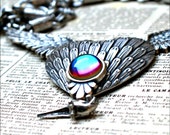 Winged Heart Sterling Silver Necklace - Vintage Bermuda Blue Glass - Parrot