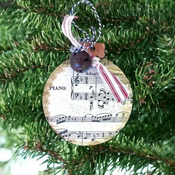 Sheet music Christmas ornaments wooden set of two