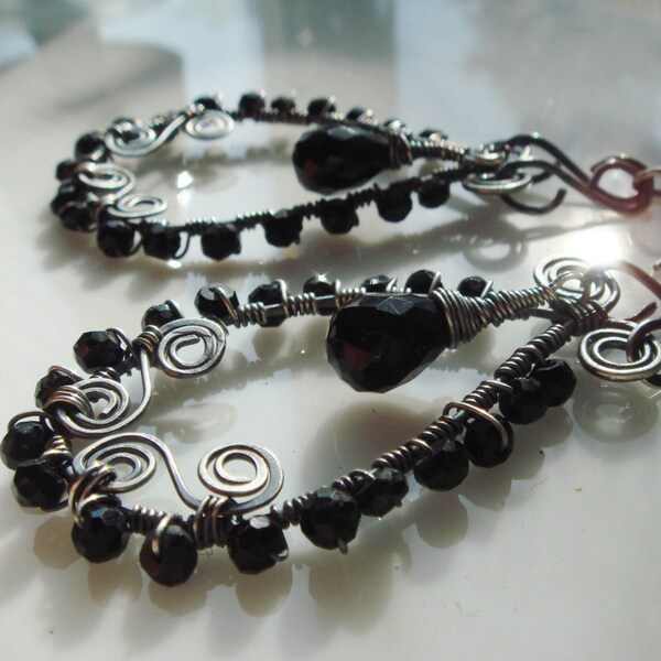 Nocturne - Sterling Silver Wire Wrapped Earrings with Black Spinel and Black Onyx